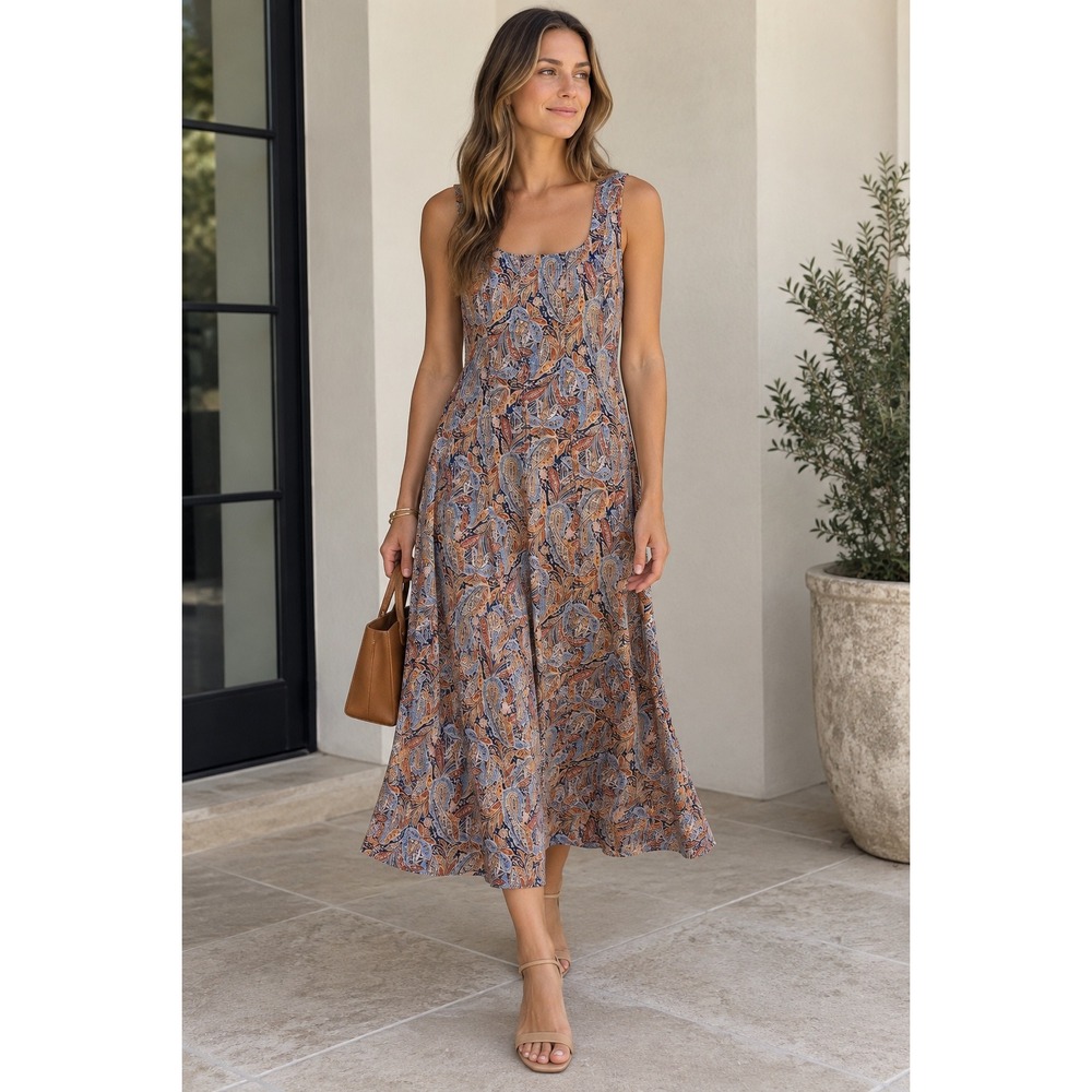 Veronica Beard Blue Orange Paisley Square Neck Sleeveless Midi Dress Size 12